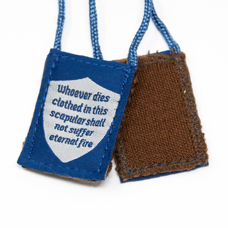 Premium Brown Scapular, Blue & White, Shield (Kids’ Size) - scapulars.com®