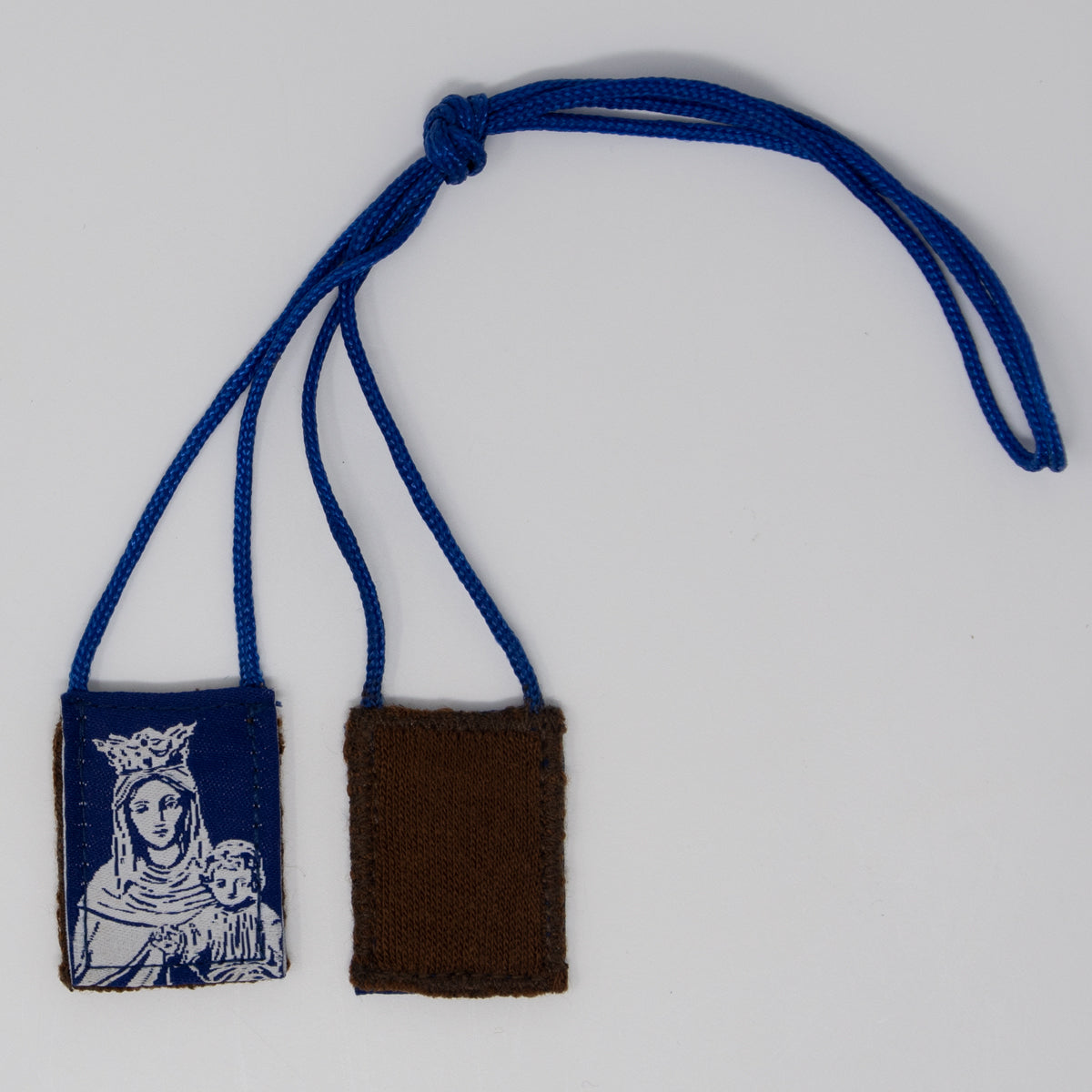 Premium Brown Scapular, Blue & White Rose - scapulars.com®