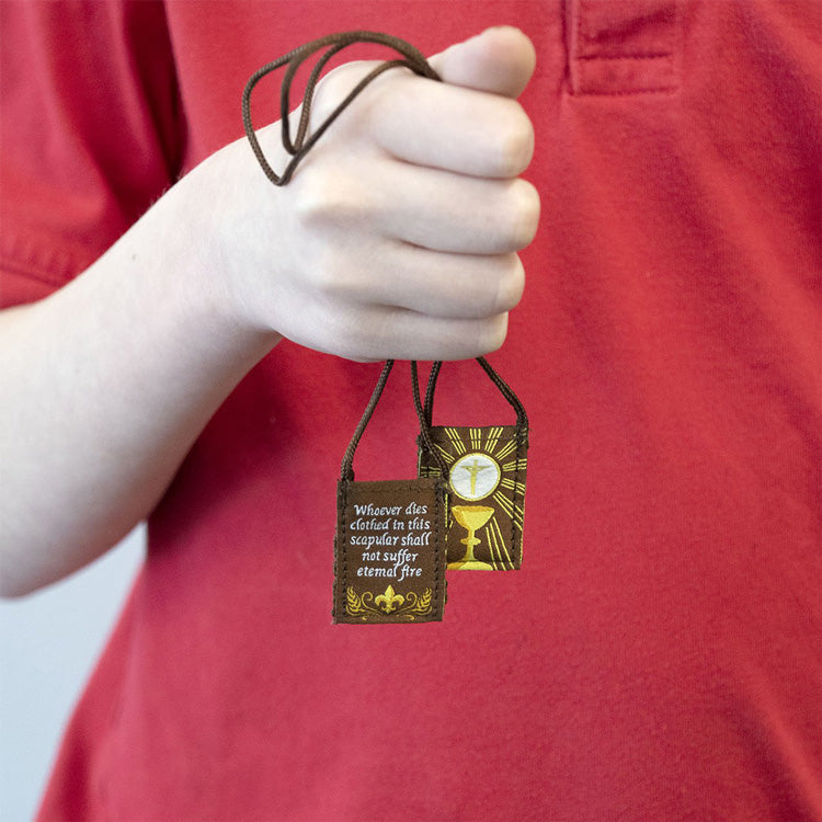 Premium Brown Scapular, Brown & Gold, Eucharist (Kids’ Size) - scapulars.com®