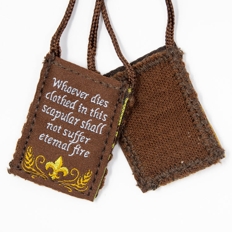Premium Brown Scapular, Brown & Gold, Eucharist (Kids’ Size) - scapulars.com®