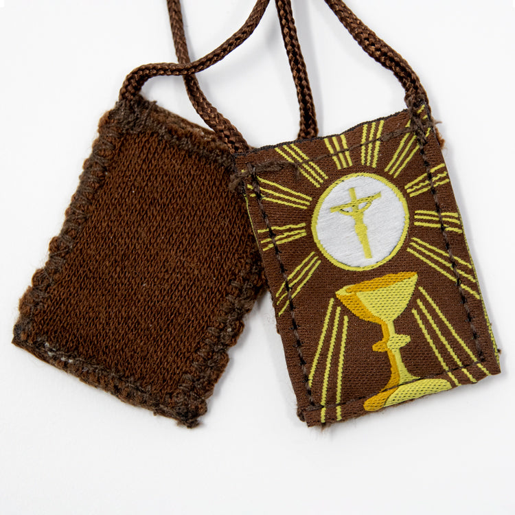 Premium Brown Scapular, Brown & Gold, Eucharist (Kids’ Size) - scapulars.com®