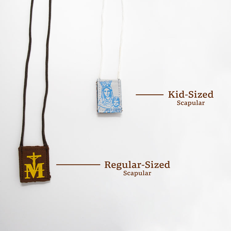 Premium Brown Scapular, Blue & White, Our Lady of Mt. Carmel (Kids’ Size) - scapulars.com®