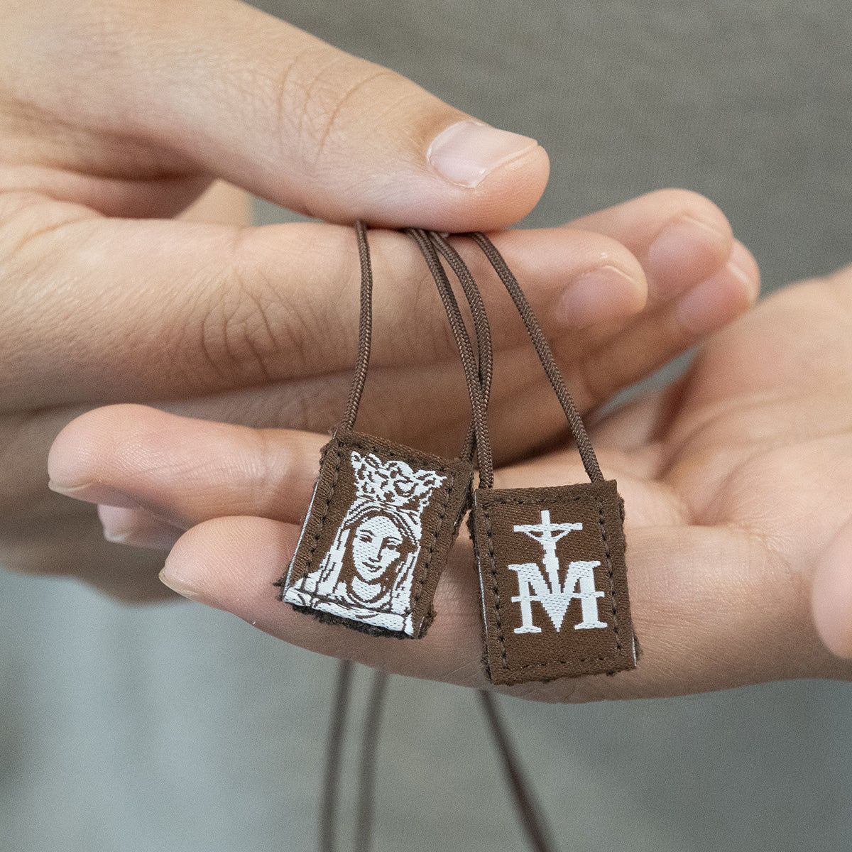 Premium Brown Scapular, Brown & Cream, Our Lady of Mt. Carmel (Mini) - scapulars.com®