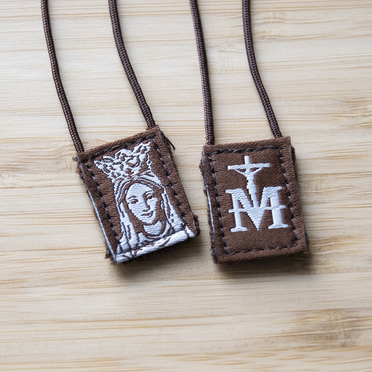 Premium Brown Scapular, Brown & Cream, Our Lady of Mt. Carmel (Mini) - scapulars.com®