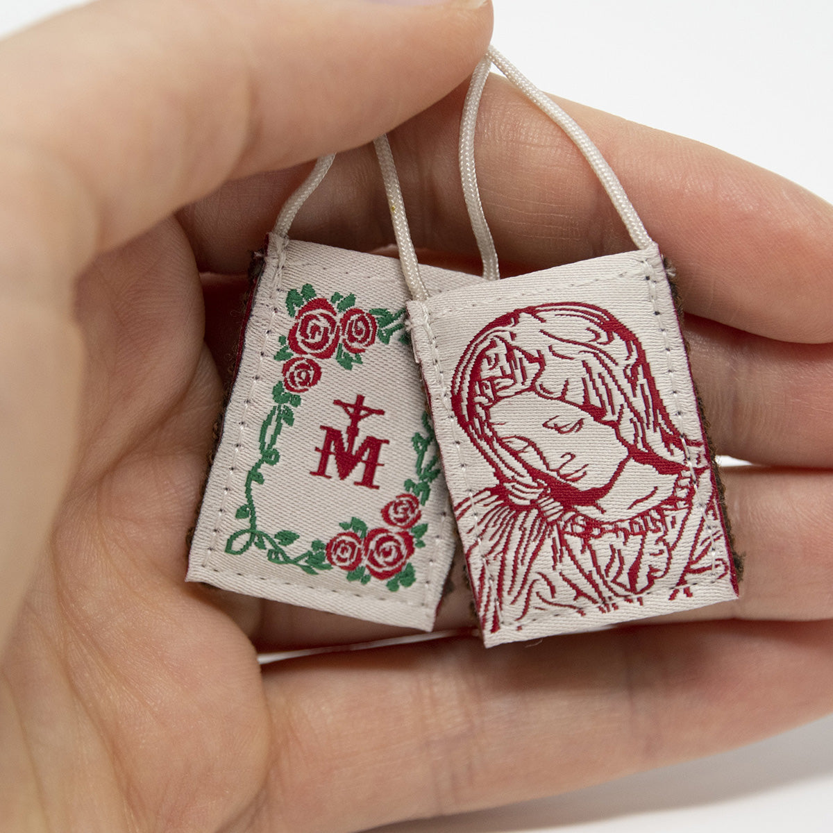 Premium Brown Scapular, Cream & Rose Pietà - scapulars.com®
