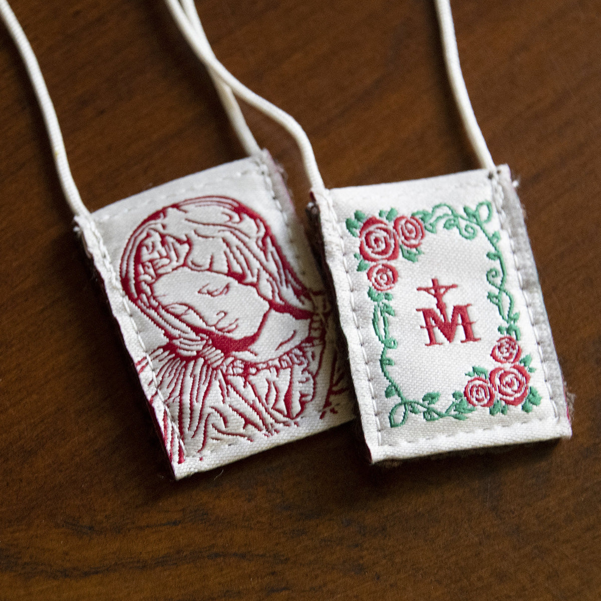 Premium Brown Scapular, Cream & Rose Pietà - scapulars.com®