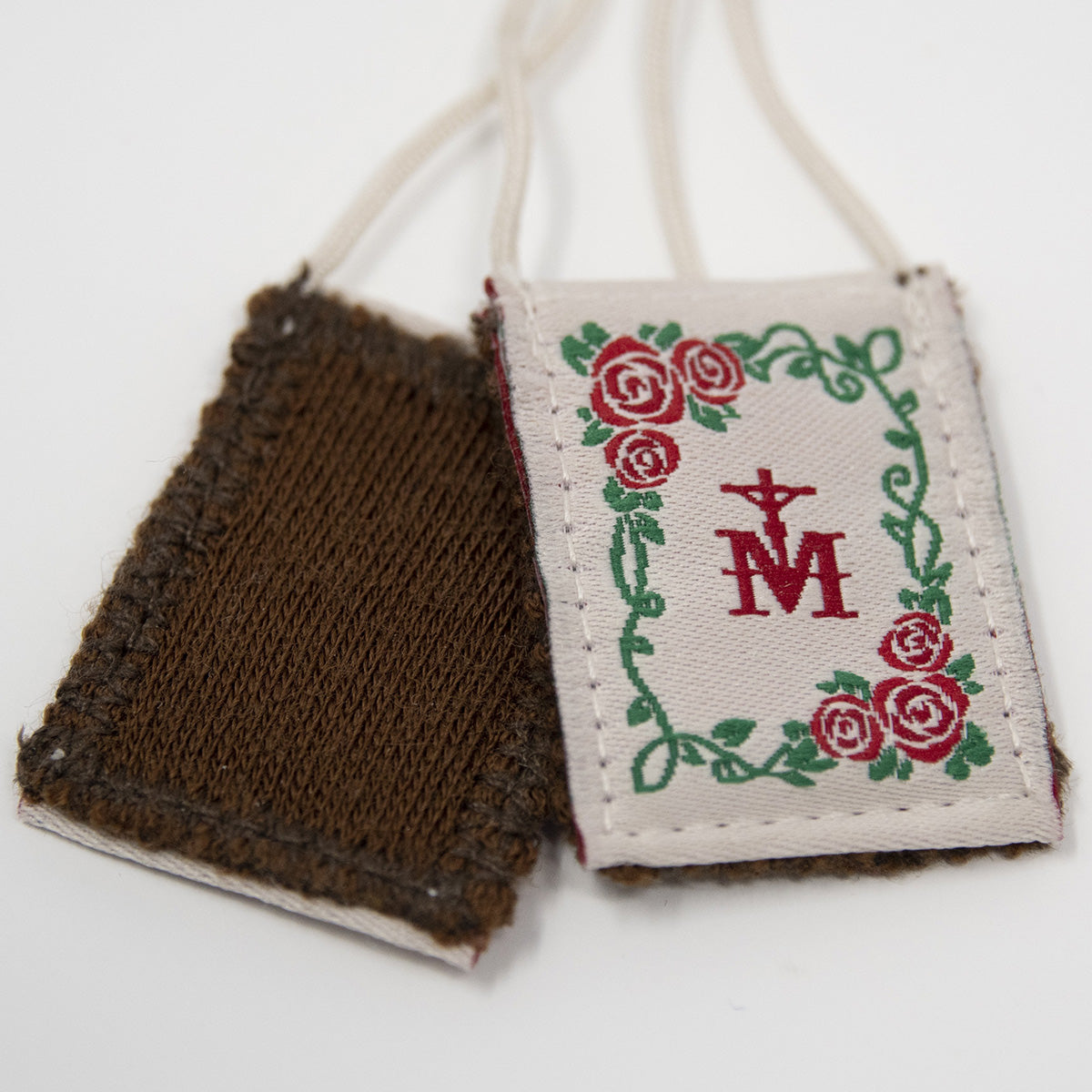 Premium Brown Scapular, Cream & Rose Pietà - scapulars.com®