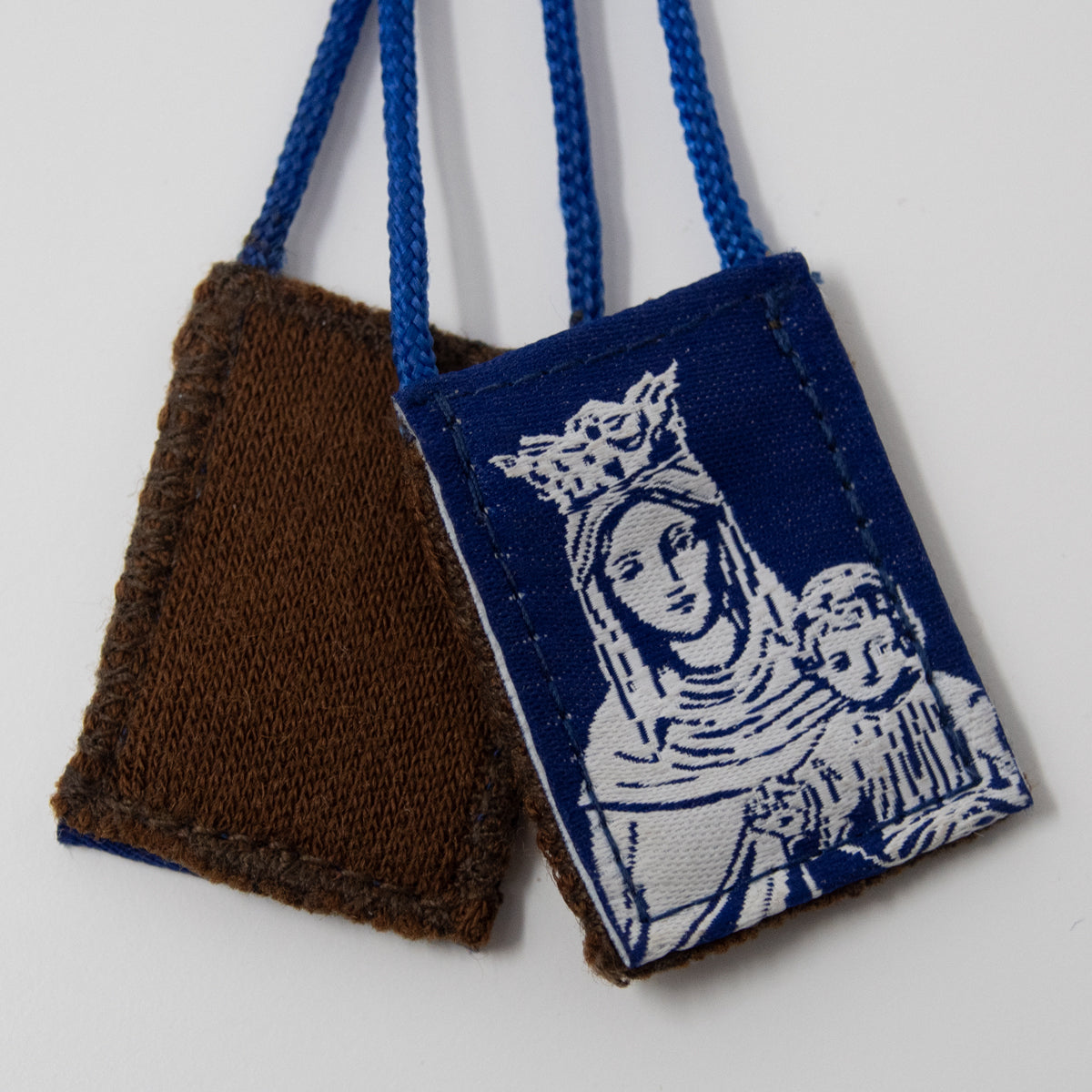 Premium Brown Scapular, Blue & White Rose - scapulars.com®